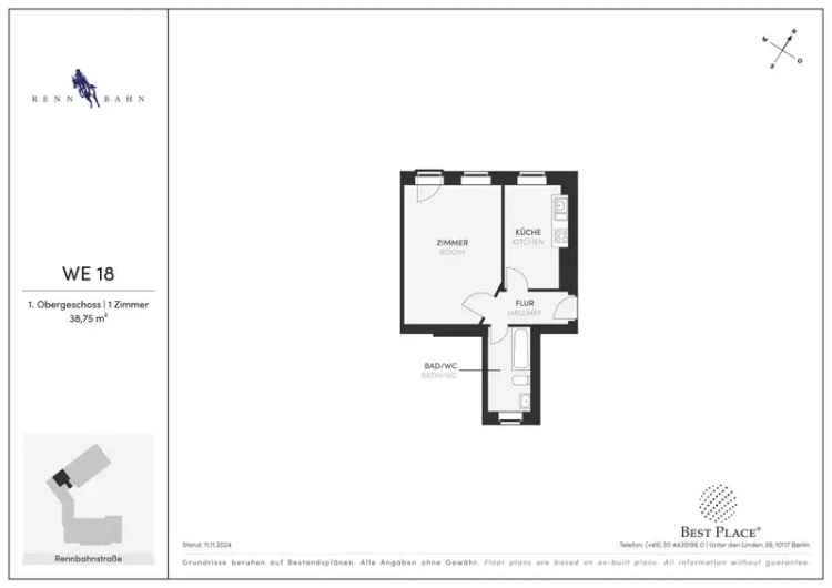 1 Zimmer Wohnung Weißensee Single Apartment Tageslichtbad