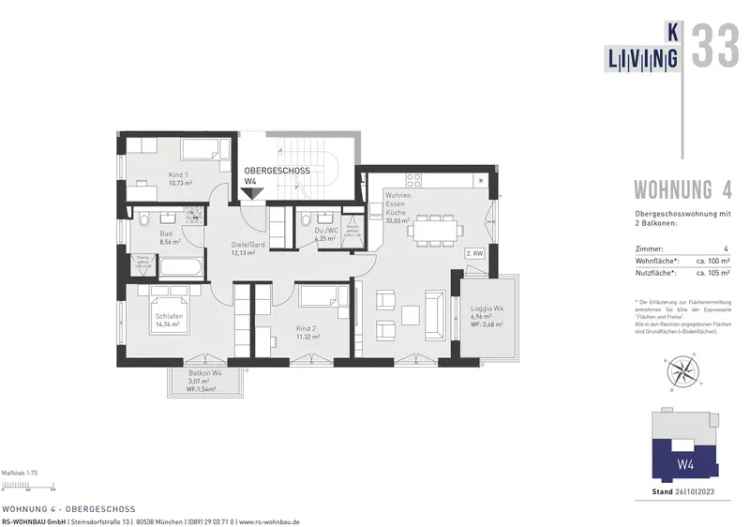 Luxuriöse 4-Zimmer-Wohnung in ruhiger Lage mit Loggia und zwei Bädern