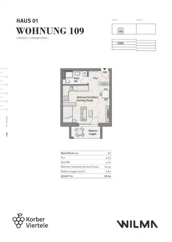 1-Zimmer-Eigentumswohnung 2.OG - Neubau im „Korber Viertele“
= provisionsfrei =