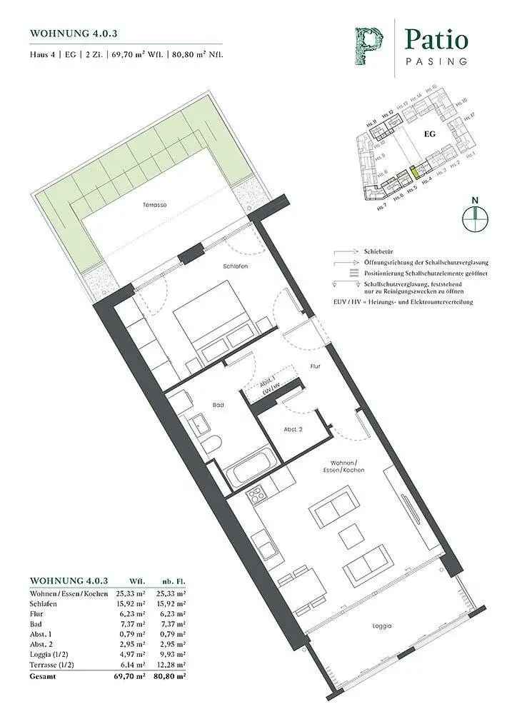 Moderne 2-Zi-Whg. mit sep. Abstellraum, Loggia und Terrasse zum grünen Innenhof
