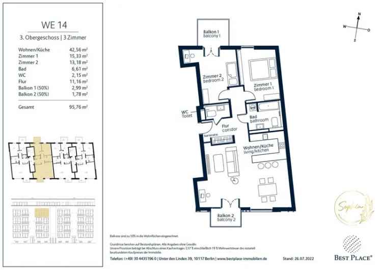 95m² Neubauwohnung Berlin Wedding Reinickendorf 2 Balkone 2 Bäder