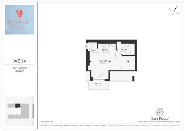 1-Zimmer-Dachgeschoss-Apartment in Adlershof mit Balkon und Innenhof