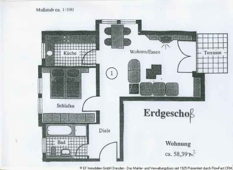 vermietete 2-Zimmer-Erdgeschoss-Terrassenwohnung mit Designbodenbelag, separater Küche und Bad mit Fenster, Dusche und Badewanne in 01328 Dresden